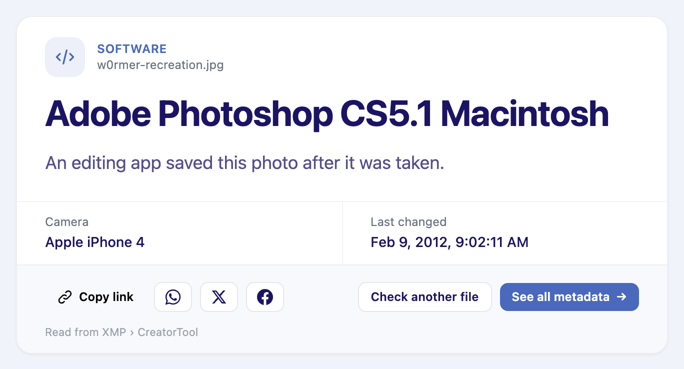 What Software Edited This Photo result for a sample photo: Adobe Photoshop CS5.1 Macintosh, with the camera Apple iPhone 4 and the date it was last changed, Feb 9, 2012