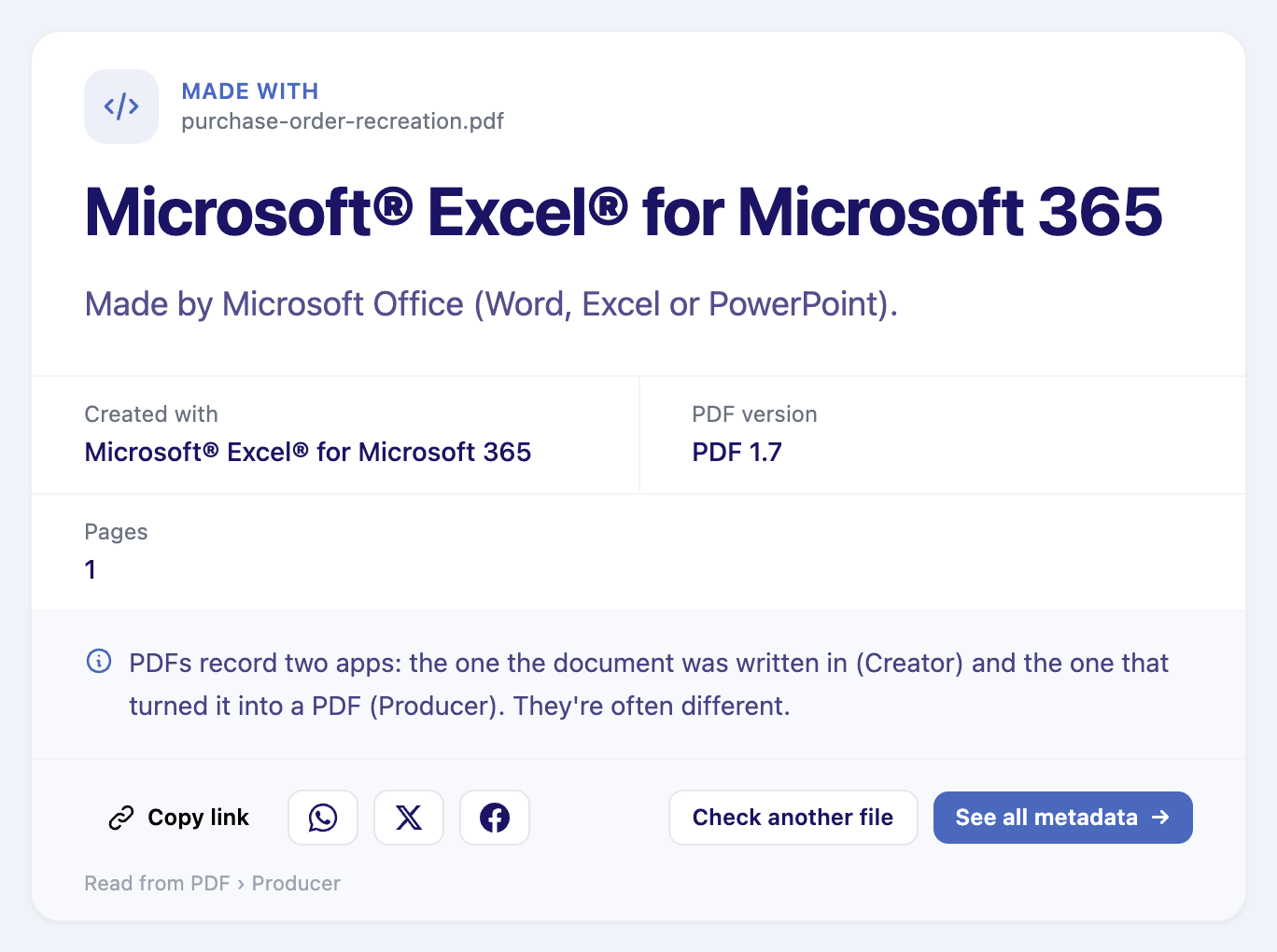 What Software Made This PDF result for a sample purchase order: made with Microsoft Excel for Microsoft 365, PDF version 1.7, one page