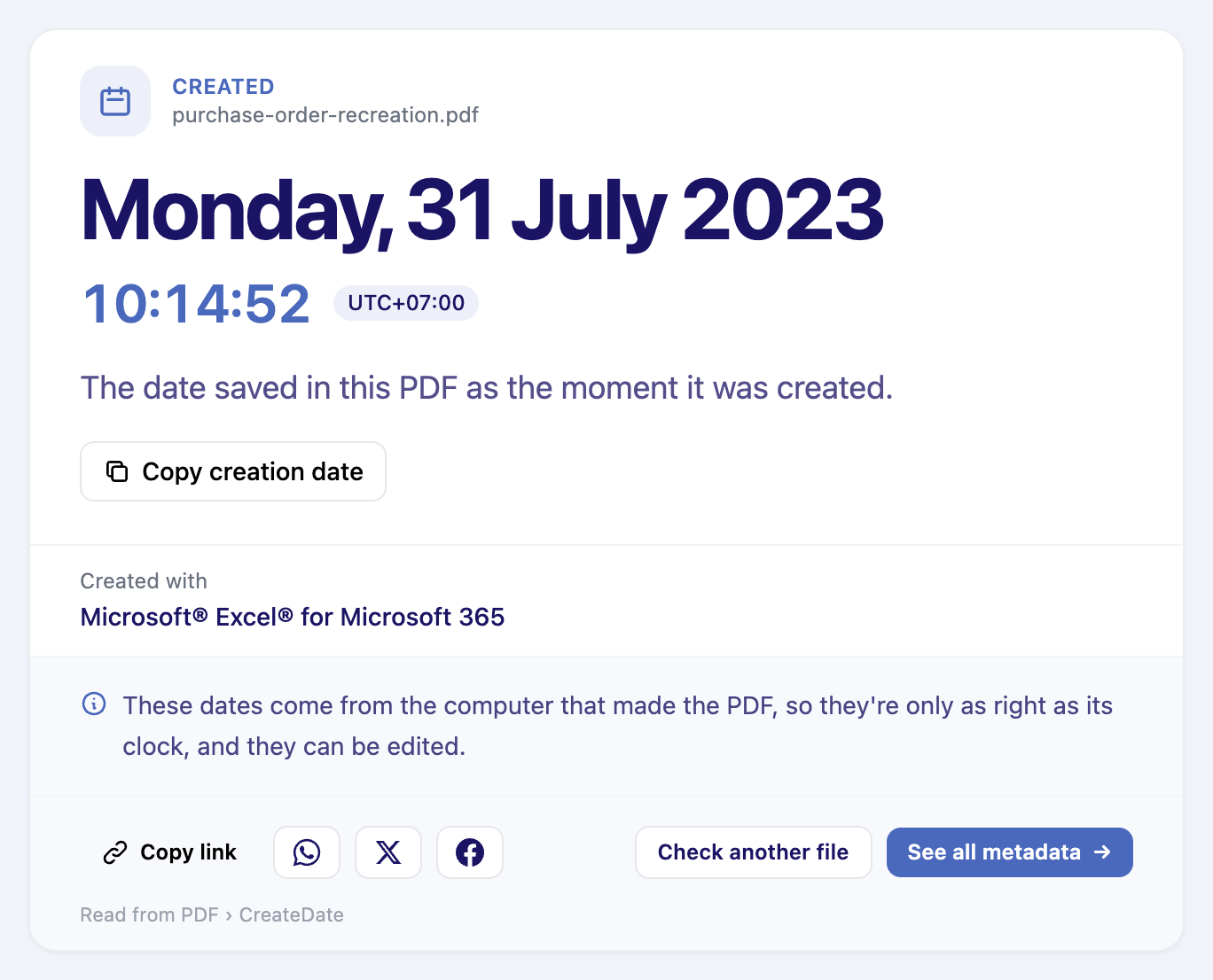 PDF Creation Date result for the same sample file: Monday, 31 July 2023, 10:14:52, UTC+07:00, created with Microsoft Excel for Microsoft 365