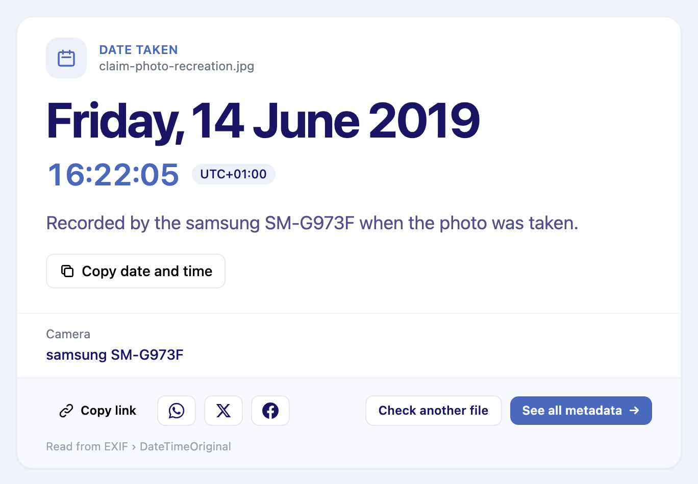 Photo Date Taken result for a sample damage photo: Friday, 14 June 2019 at 16:22:05, UTC+01:00, recorded by a Samsung SM-G973F