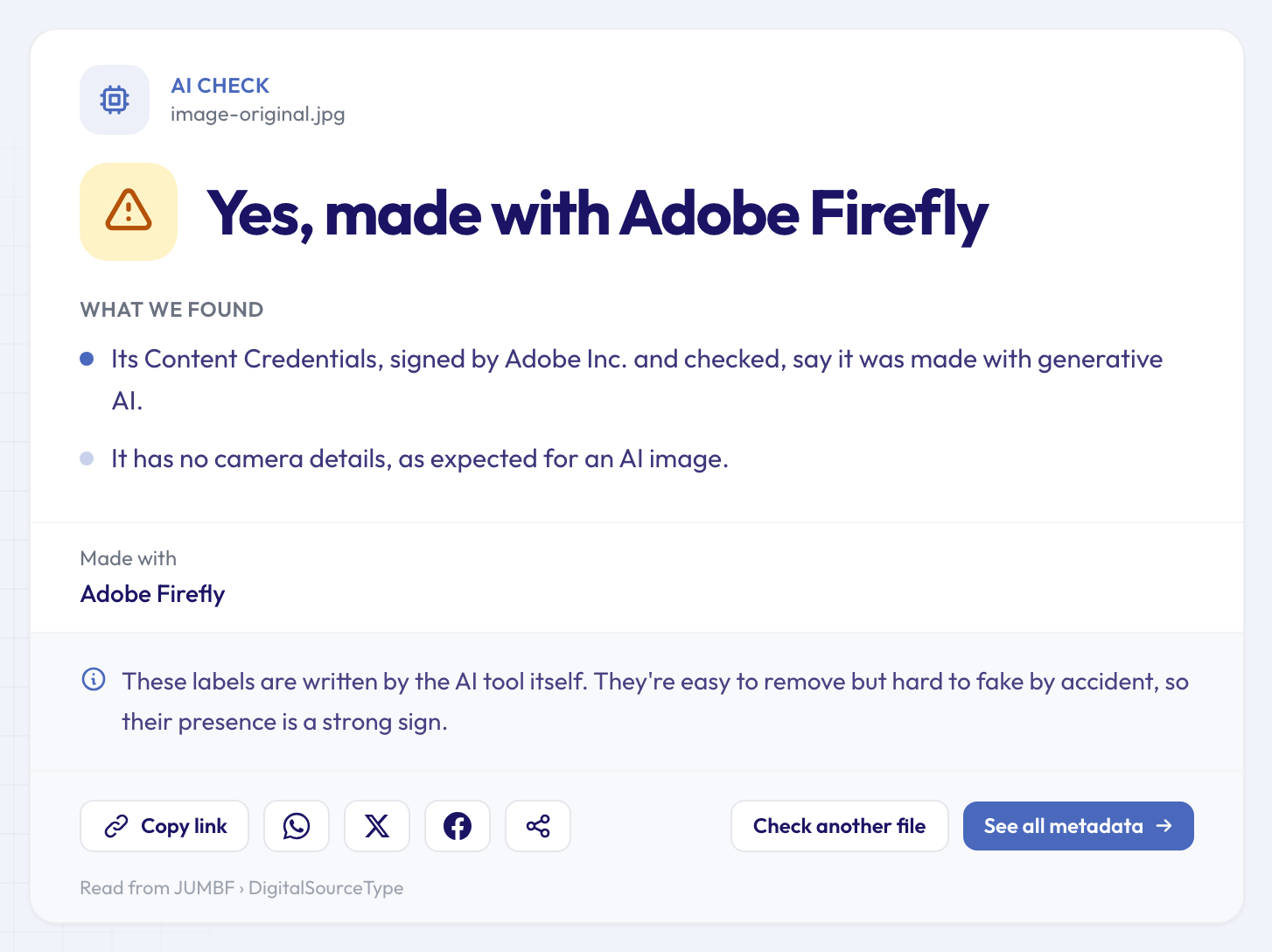 AI image checker result for an Adobe Firefly image: Yes, made with Adobe Firefly, based on Content Credentials signed by Adobe and checked