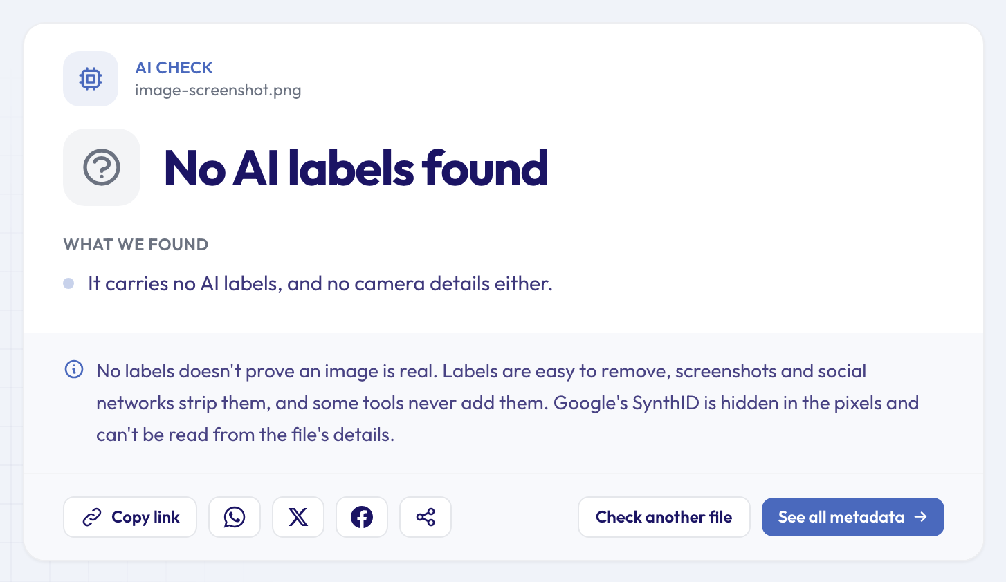 AI image checker result for a screenshot of the same image: No AI labels found, and no camera details either