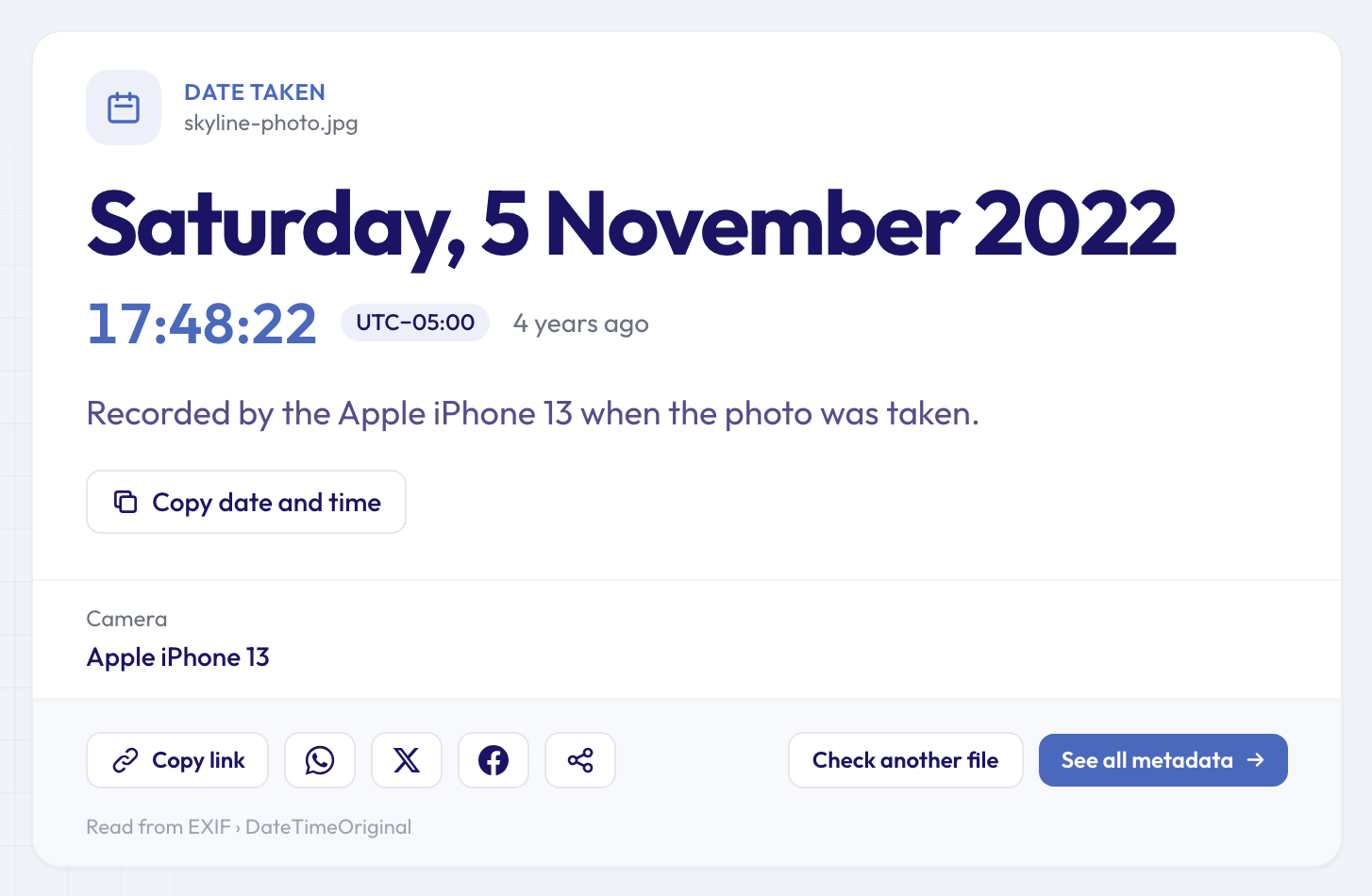 Photo date checker result: Saturday, 5 November 2022 at 17:48:22, UTC-05:00, recorded by an Apple iPhone 13
