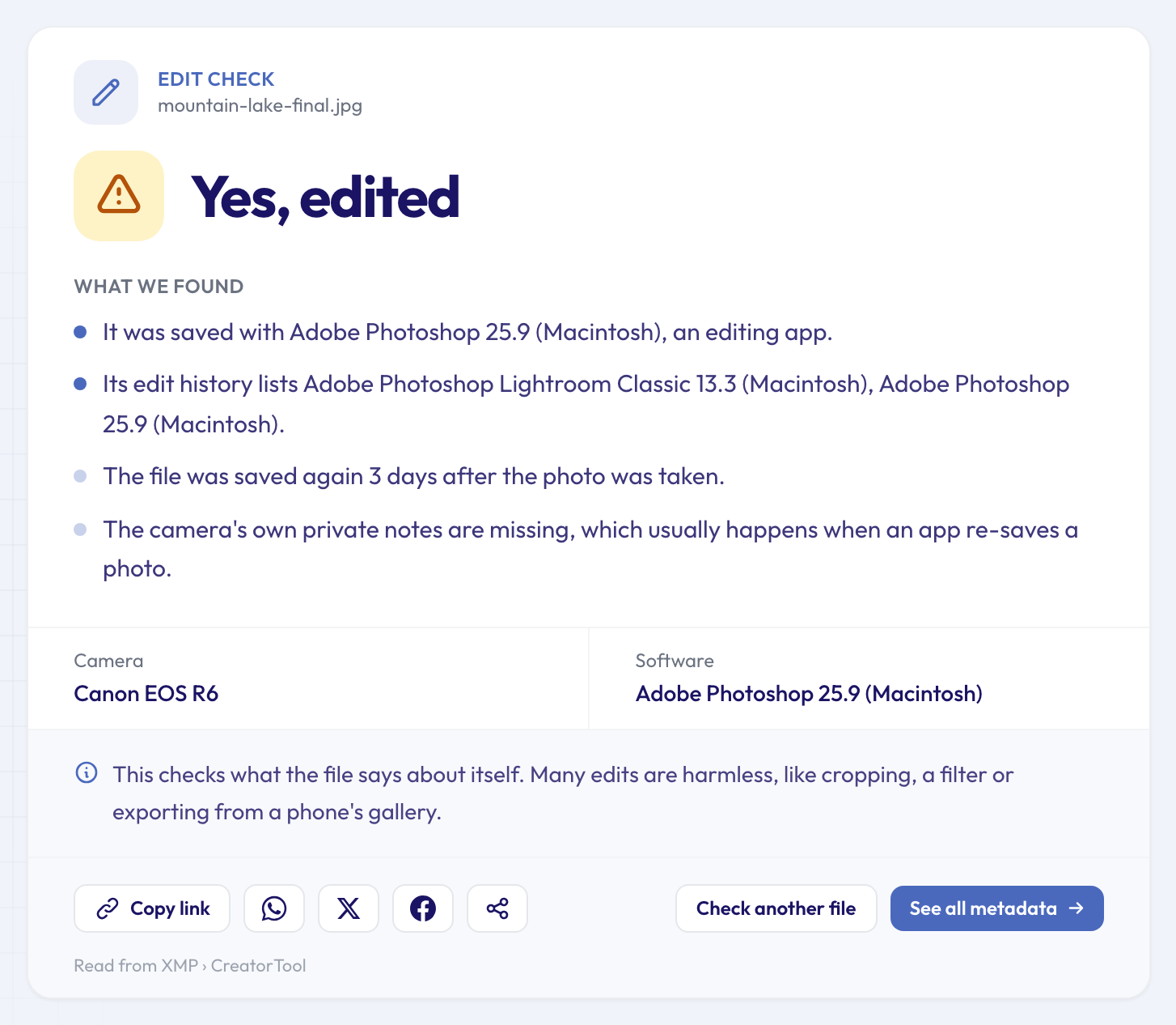 Photo edit checker result: Yes, edited, saved with Adobe Photoshop 25.9, with an edit history listing Lightroom Classic and Photoshop, three days after the photo was taken