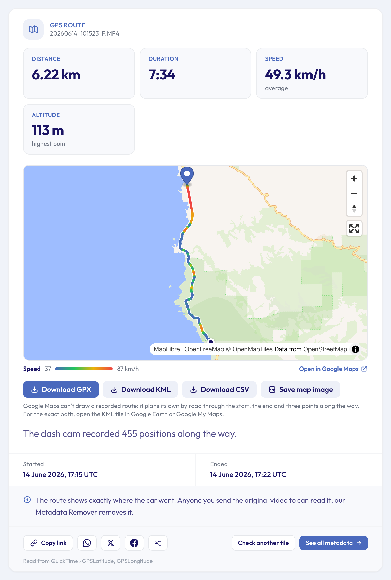 Dash Cam GPS Extractor result for a clip on Highway 1 in Big Sur: 6.22 km, 7 minutes 34 seconds, 49.3 km/h average and a highest point of 113 m, the route on a map coloured from blue to red, a speed scale from 37 to 87 km/h, Open in Google Maps, and buttons to download GPX, KML and CSV or save the map image