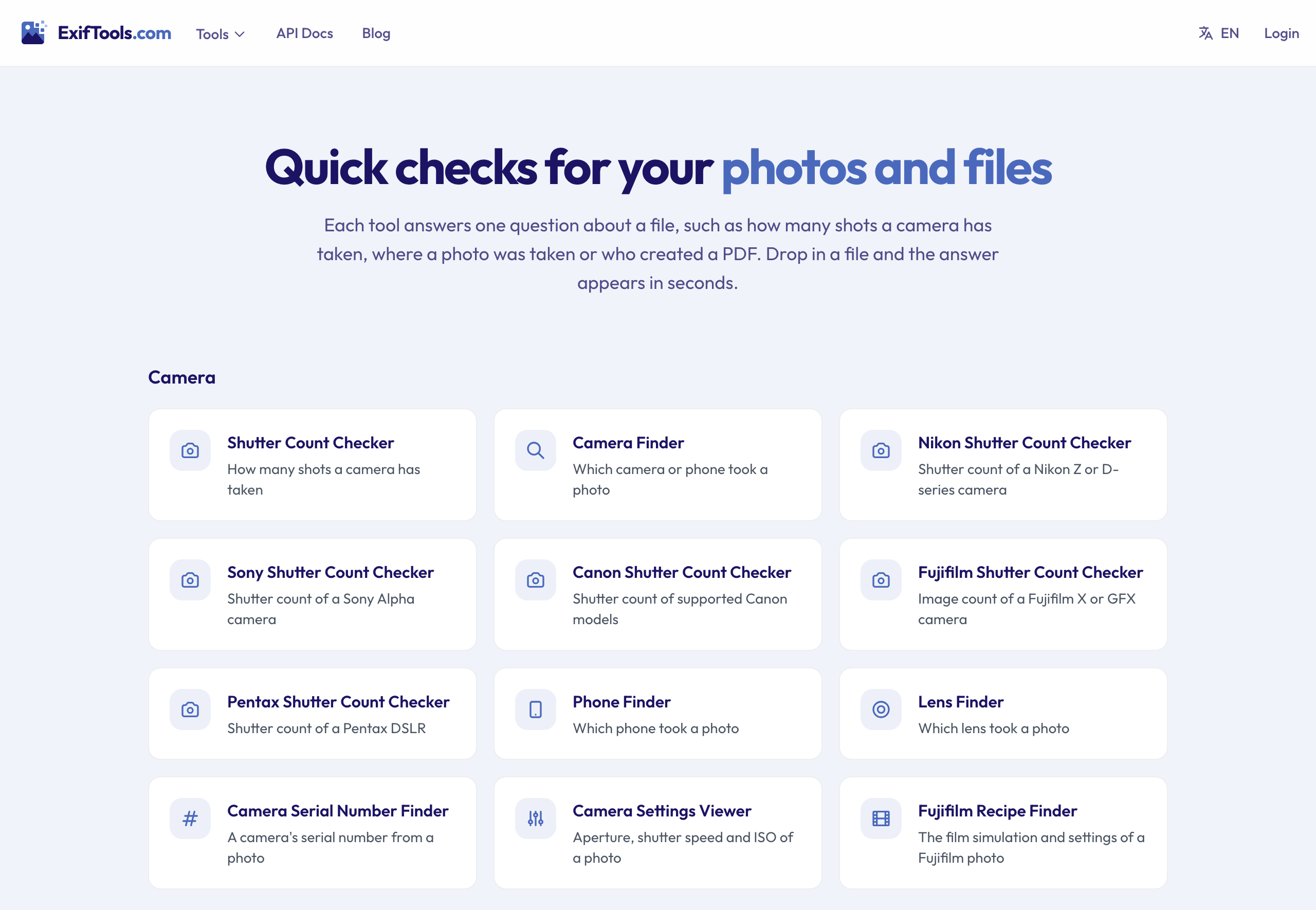 The ExifTools.com tools page, with tools grouped under Camera, Where & when and more