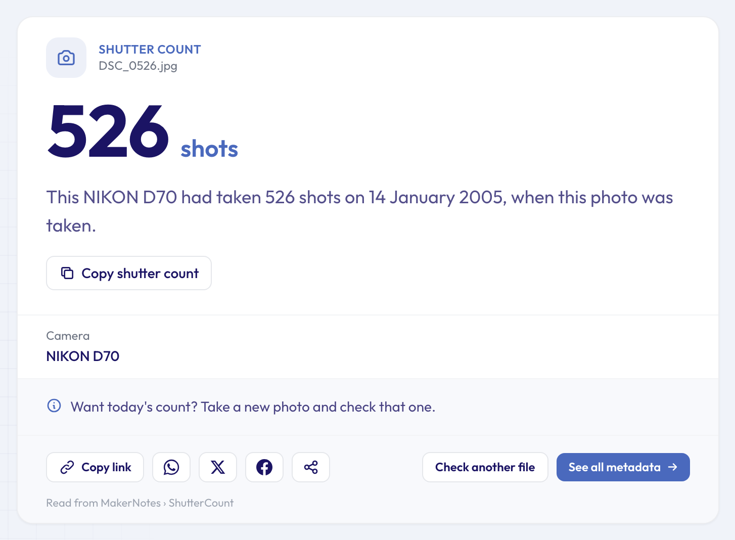 Result card showing 526 shots for a Nikon D70