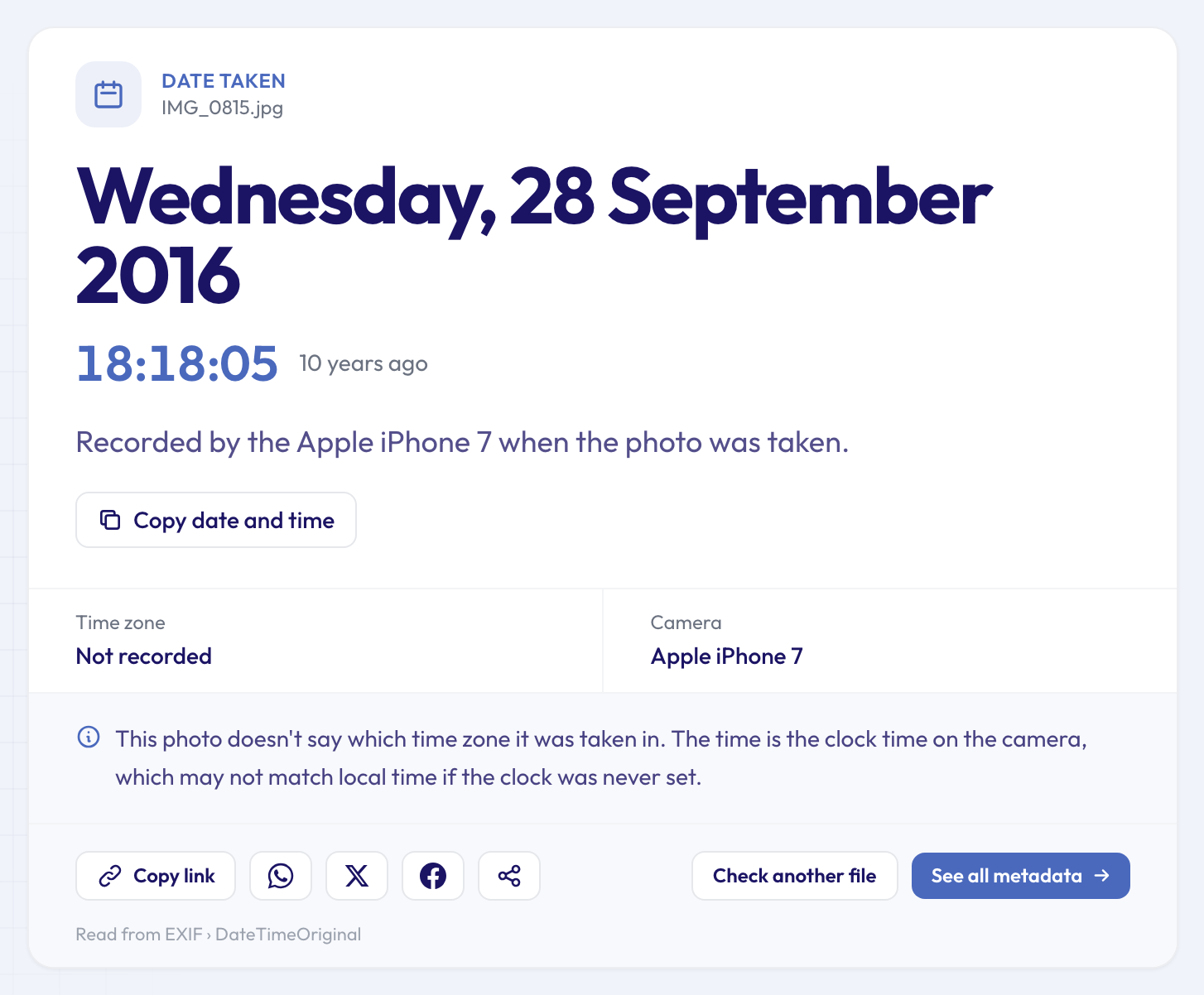 Result card showing a photo taken on Wednesday 28 September 2016 at 18:18:05 by an Apple iPhone 7