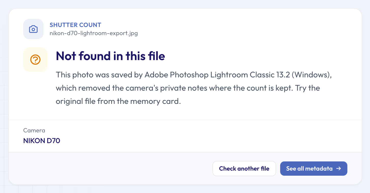 Shutter count result saying not found, because the photo was saved by Adobe Photoshop Lightroom Classic, which removed the camera's private notes