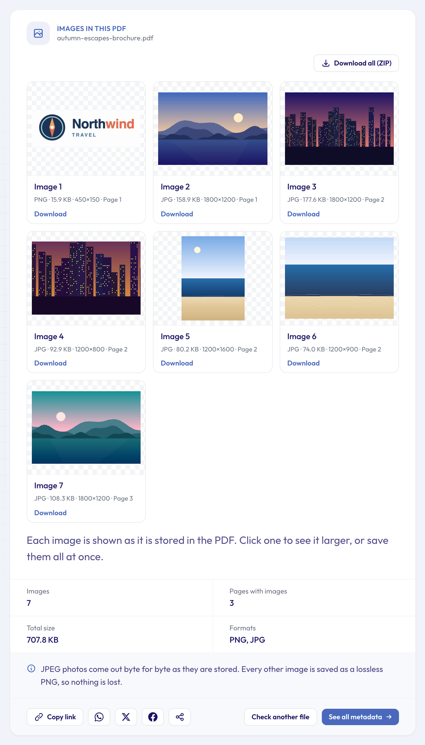 The PDF Image Extractor showing seven images from a three-page brochure: a logo, two landscapes, two city views and two beach photos, each with its format, size, dimensions and page number