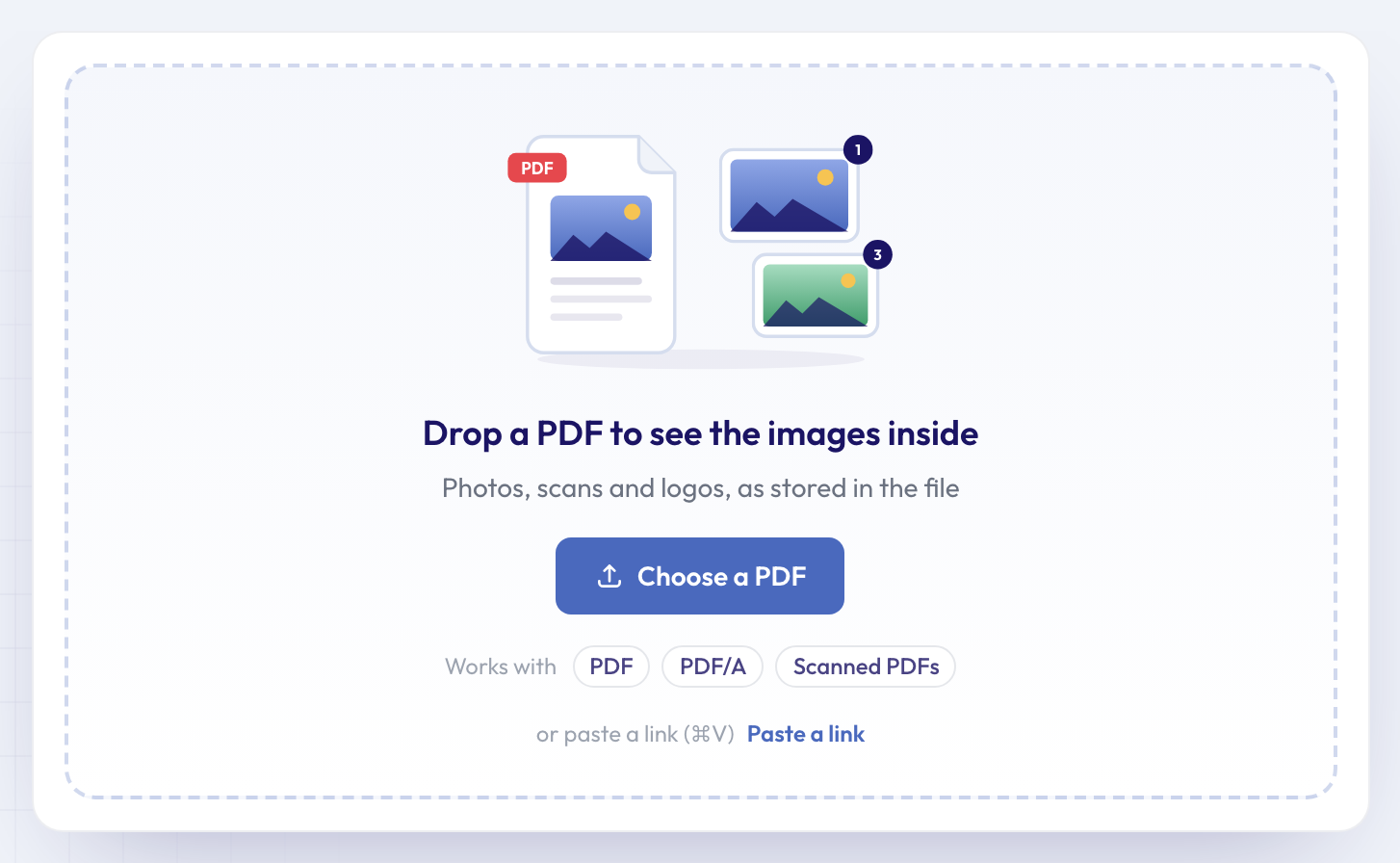 The drop zone of the PDF Image Extractor, with a Choose a PDF button and the formats it works with: PDF, PDF/A and scanned PDFs