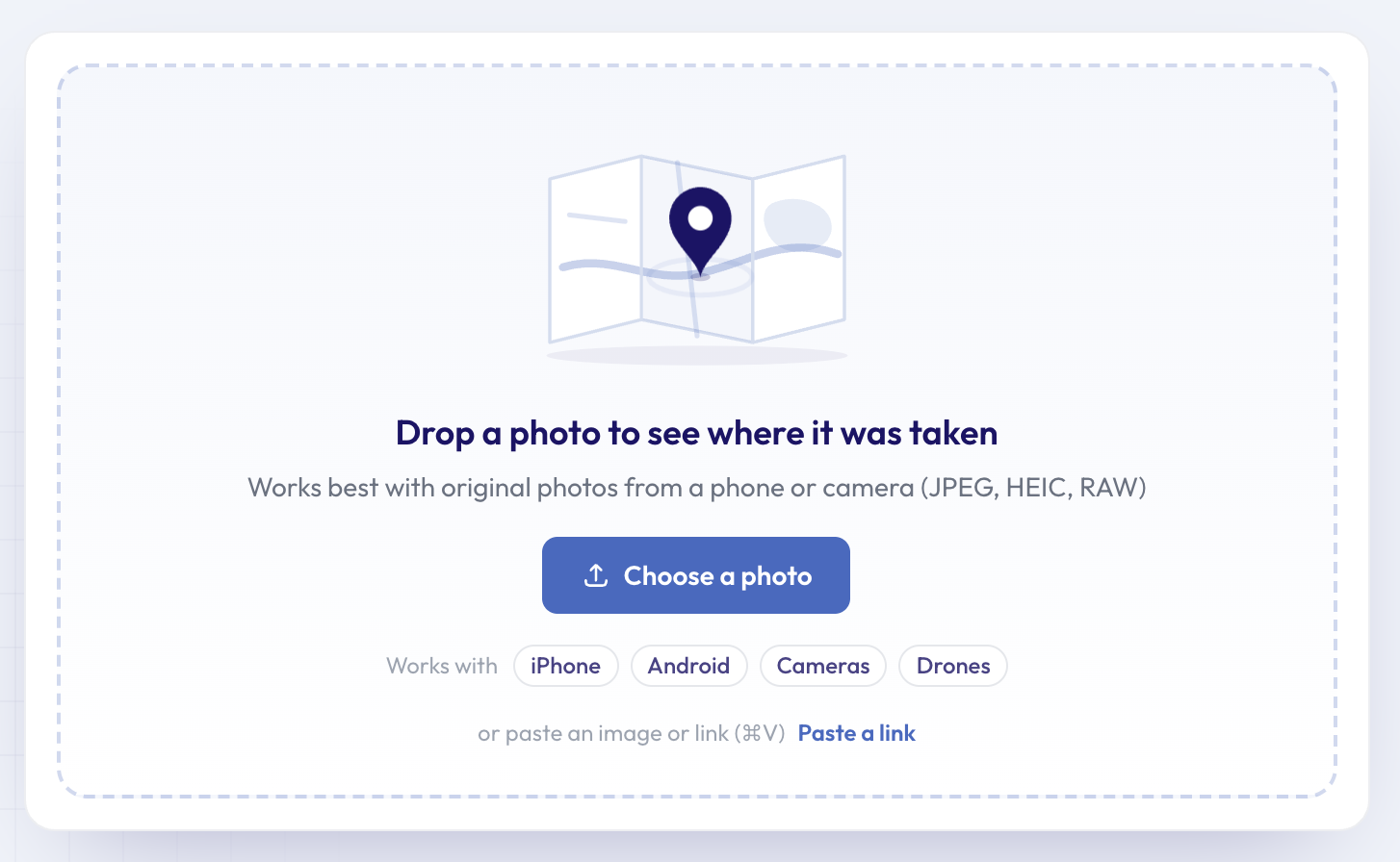 The Photo Location Finder drop zone, inviting you to drop a photo to see where it was taken