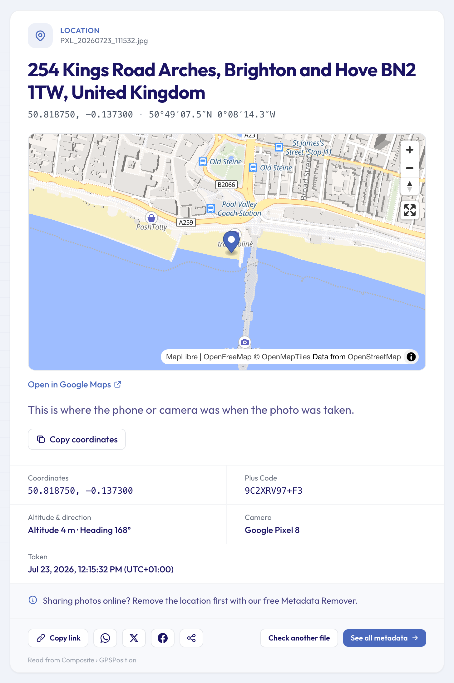 Photo Location Finder result: a pin on the beach beside Brighton Palace Pier, the nearest address on Kings Road Arches, coordinates, Plus Code, altitude, direction, camera and date