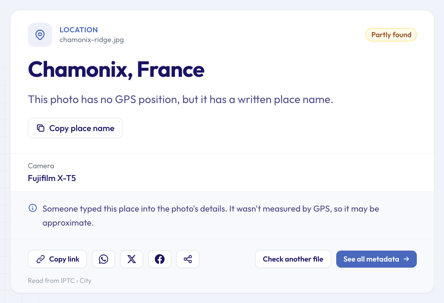 Photo Location Finder result marked Partly found, showing Chamonix, France as a written place name on a Fujifilm X-T5 photo with no GPS position