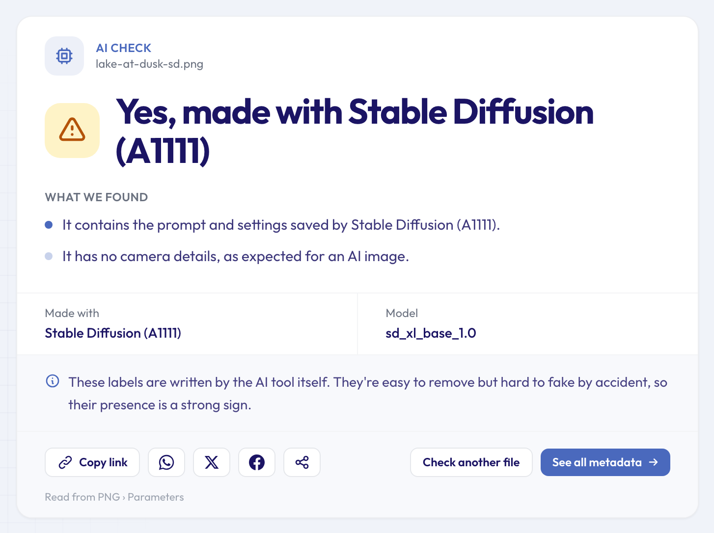 AI image checker result for a Stable Diffusion PNG: Yes, made with Stable Diffusion (A1111), with the model sd_xl_base_1.0
