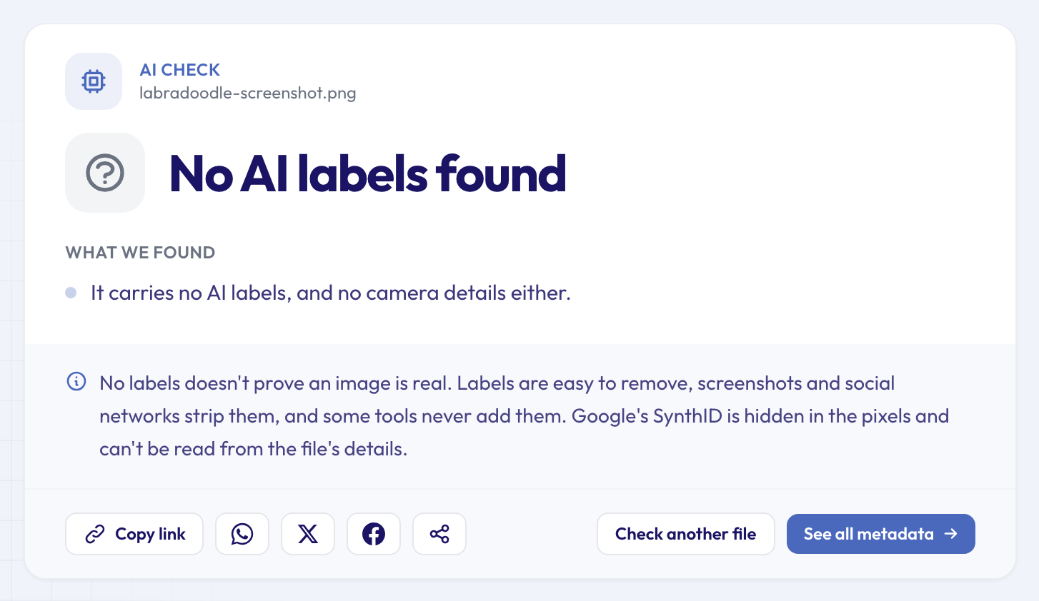 AI image checker result for a screenshot of the Firefly image: No AI labels found, and no camera details either
