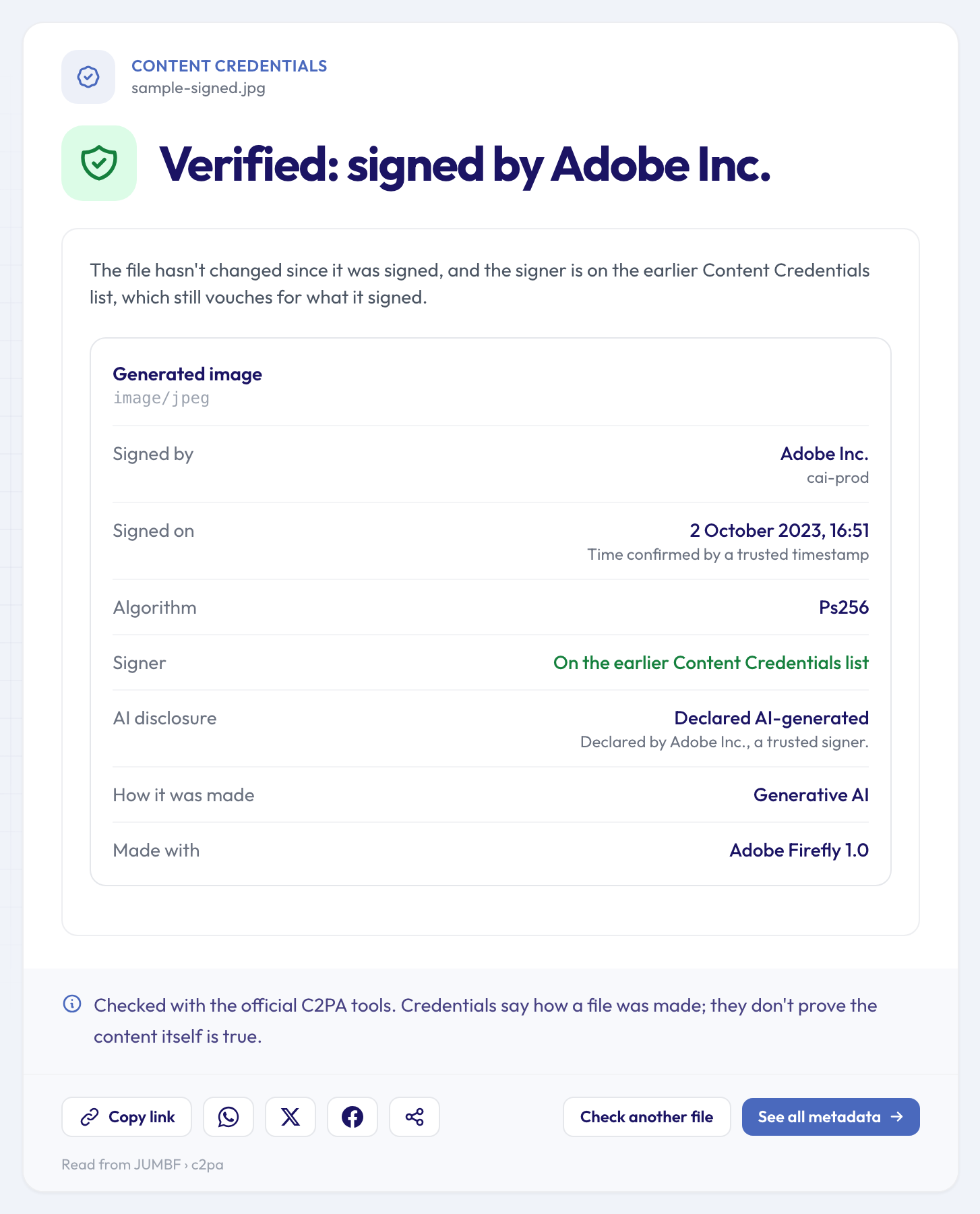 The Content Credentials checker showing "Verified: signed by Adobe Inc." for a sample file, unchanged since signing, with Generative AI under How it was made