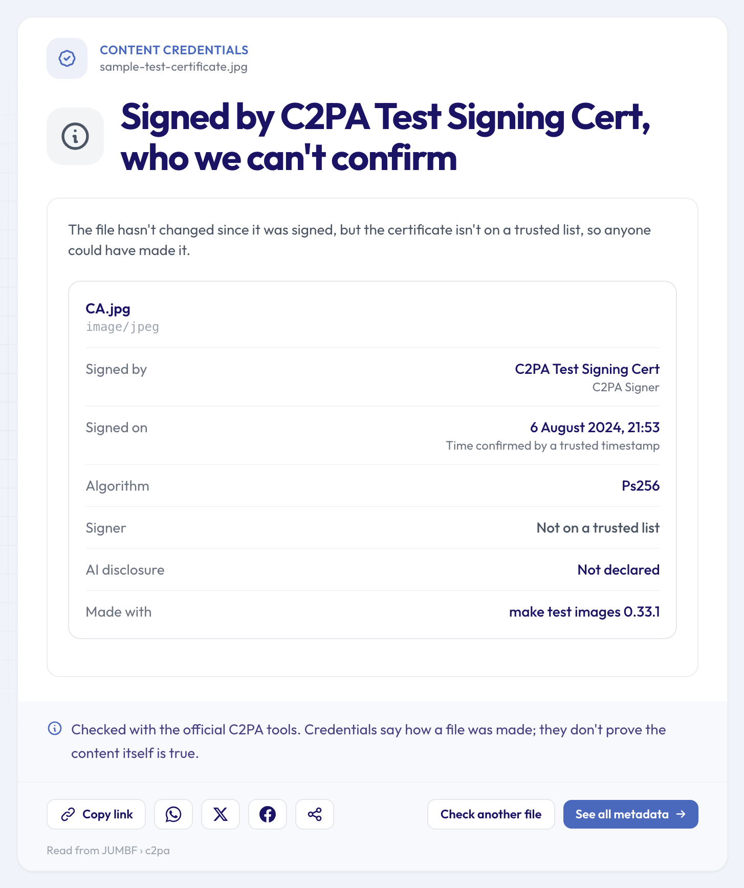 The checker showing "Signed by C2PA Test Signing Cert, who we can't confirm" for a test file