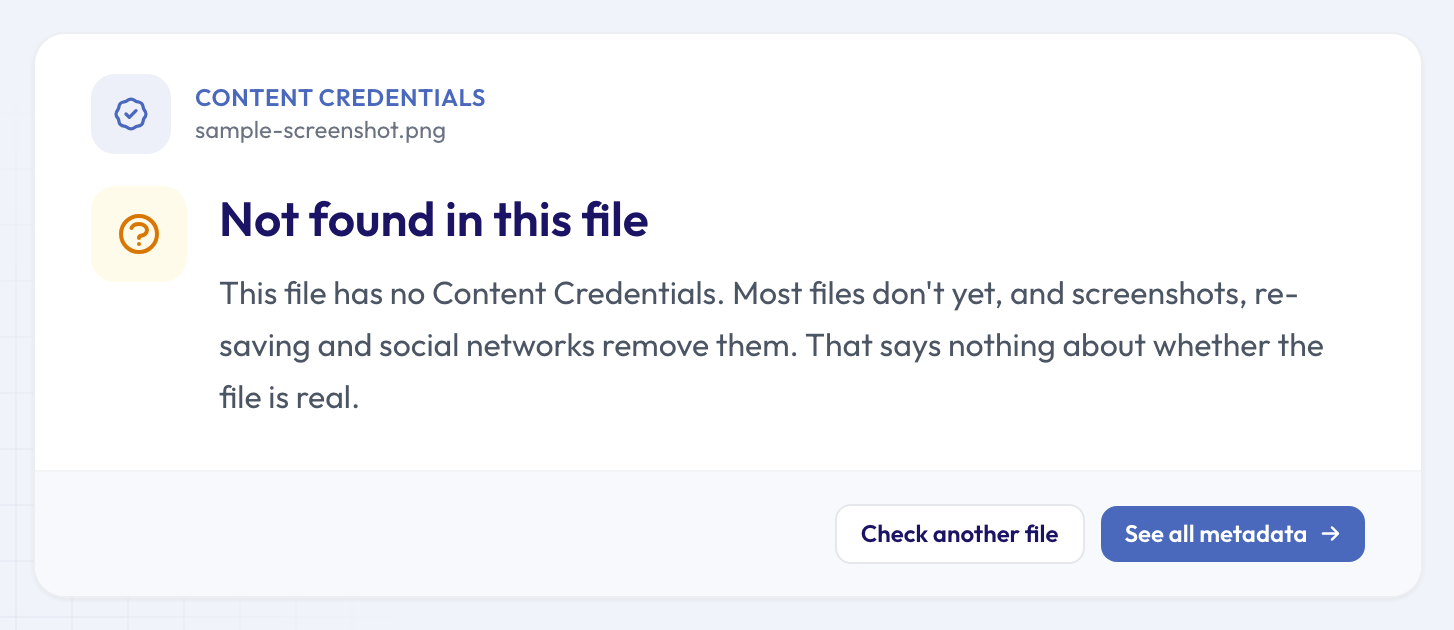 The checker showing "Not found in this file" for a screenshot of the signed sample